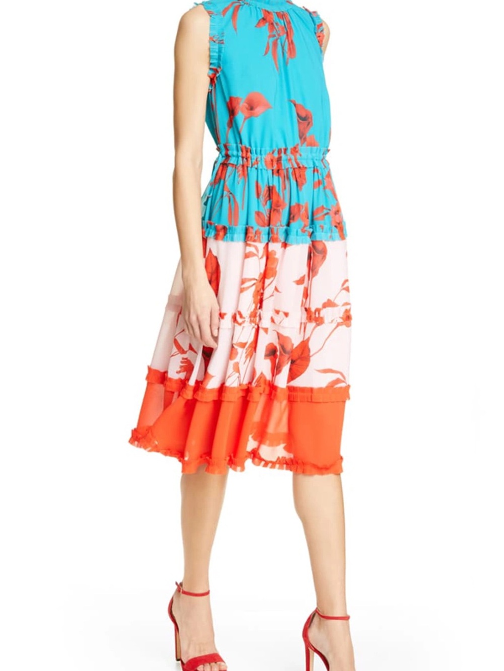 Ted Baker London Turquoise, Coral & Pink Floral Tiered Midi Dress